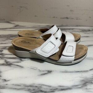 Clarks‎ Collection Women's 8 Leather Wedges Calenne Maye White Sandals 2 Strap